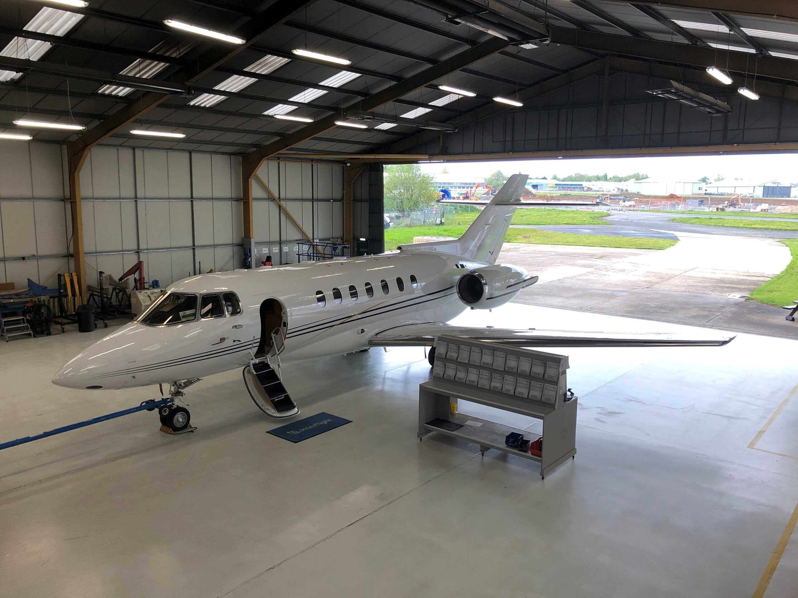 A Hawker 1000 in our Biggin Hill hangar ready for its inspection